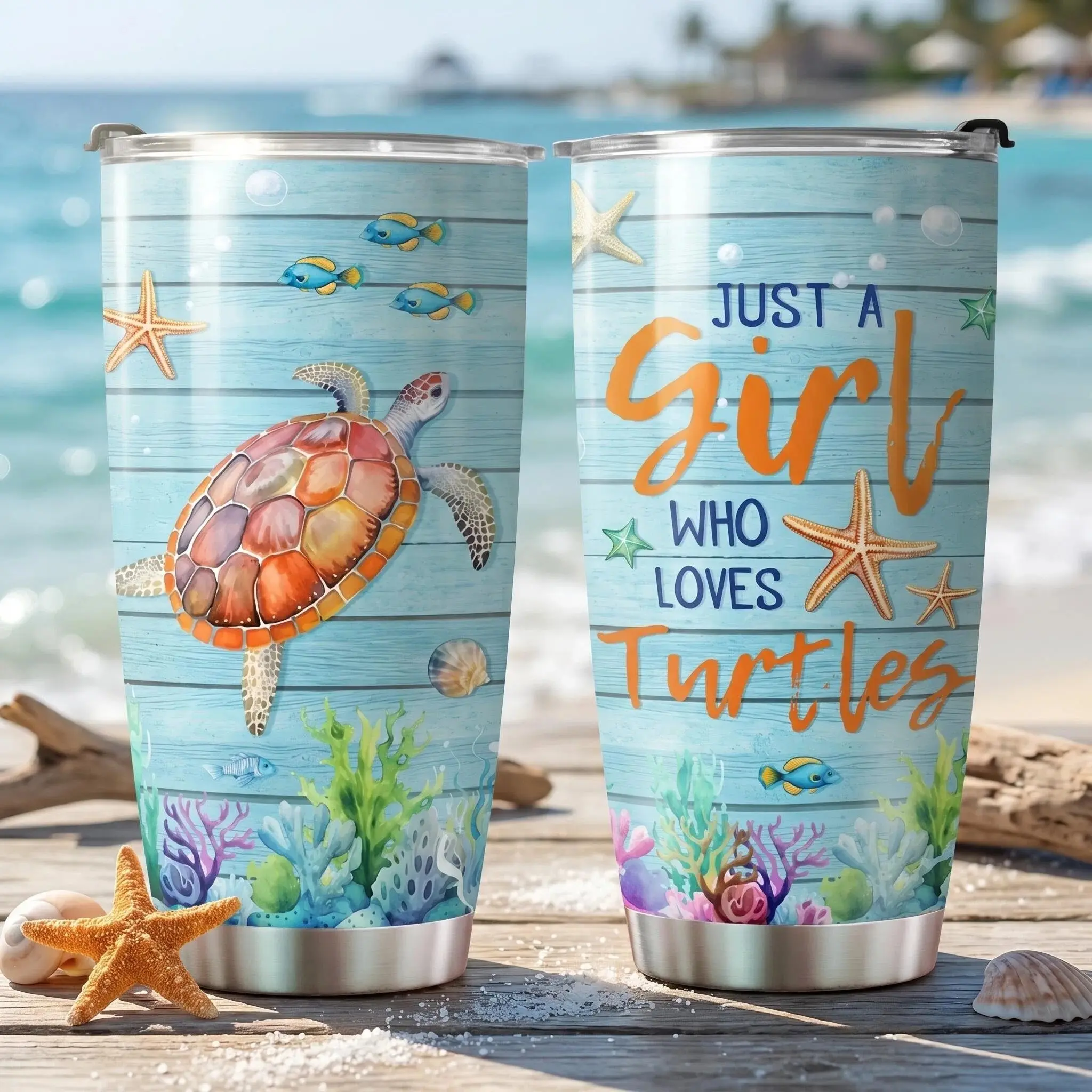 20oz Insulated Tumbler with Lid, Just a Girl Who Loves Turtles Ocean Beach Wood Print Stainless Steel Vacuum Travel Coffee Mug, Double Wall Sea Turtle Cup, Summer Birthday Christmas Gift for Daughter Women Turtle Lovers