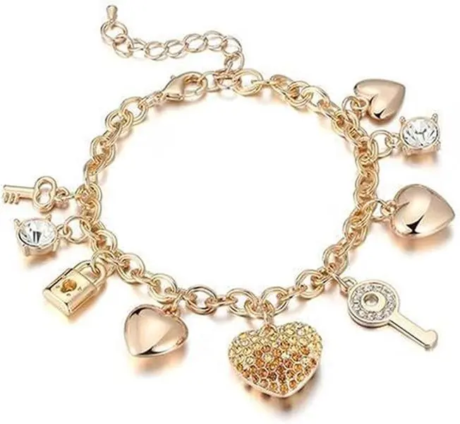 Cozy Fall Gifts Love Heart Key Lock Star Crystal Bracelet Bangle Adjustable Chunky Thick Rhinestone Bead Link Chain Bracelet for Women Valentine's Day Jewelry Gift