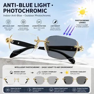 Rimless Photochromic Blue Light Glasses, Frameless HD Clear Lens Eyewear with UV400 Protection, Lightweight Unisex Fashion Glasses for Computer Reading Daily Wear Men Gifts