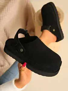 Women's Thick Sole Mule Slippers, Plush Soft Platform Half Slipper Shoes, Textile Upper, Rubber Material, All Seasons Wear