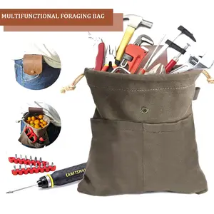 Foldable Canvas Outdoor Bag for Foraging and Berry Picking, Waist Hanging Drawstring Bag, Durable Multipurpose Fruit Collector Pouch for Camping, Hiking, Gardening, Picnic, Hands-Free Carry
