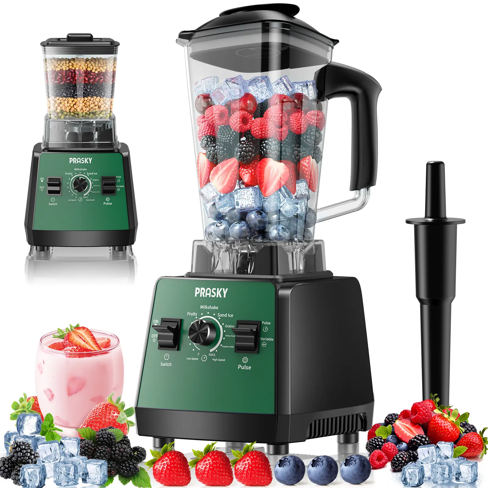 PRASKY Licuadora Profesional BK688, 68 oz (2 litros) sin BPA, 2 jarras de mesa: licuadora y molinillo, 2400 W / 1000 W, 25 000 RPM, tritura hielo, batidos, jugos, frutos secos, procesador de alimentos, electrodomésticos de cocina, SMARTLIVING,summerwins s