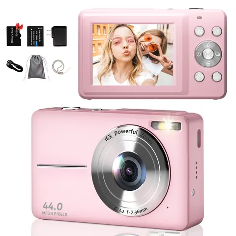 Digital Camera 44MP & 1080P HD, 16X Digital Zoom, 2.4" LCD, Rechargeable Compact MINI & Portable Point and Shoot Camera for Photography, with Anti Shake, 32G Memory Card, Comes with Charging Head – Ideal Gift for Boys, Girls, Teenagers, and Beginners Pink
