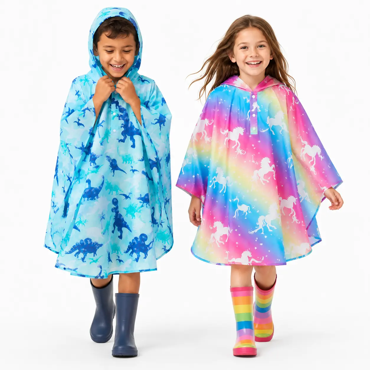 WERNNSAI Kids Rain Poncho Raincoat Lightweight Boys&Girls Waterproof SuitToddler Reusable Portable Rain Outwear with Pouch Youth Rainbow Rain Jacket for kids with Hood for School Travel Camping Rainy Season  Rainproof Rain proof&impermeables para niños
