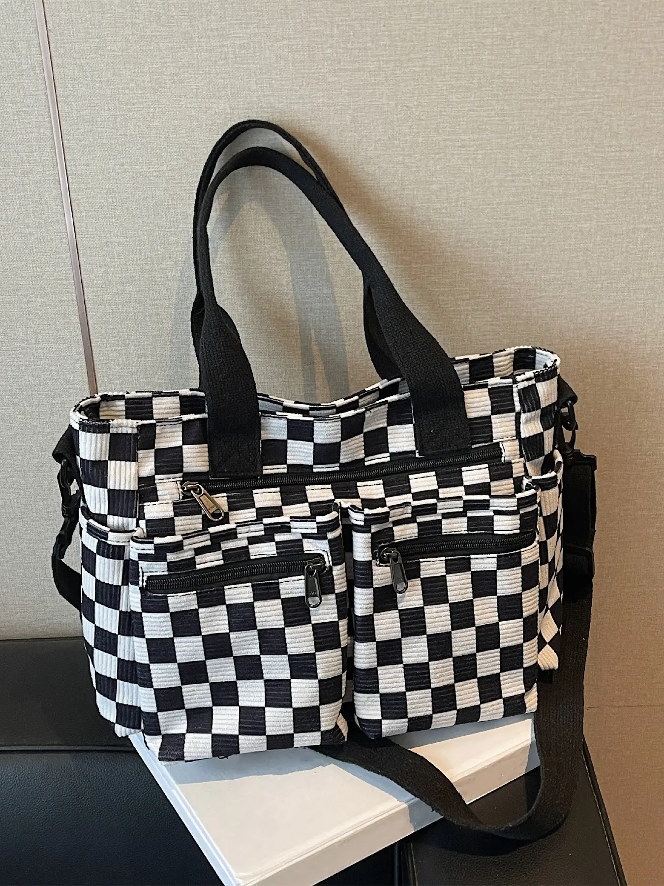 Large Capacity Plaid Pattern Women's Tote Bag, Casual Shopping Bag, Casual Trendy Bag, Zip Closure, Includes Long Shoulder Strap, Ideal for Everyday Use, Versatile Use, Checkered Tote Bag, Shopping Tote Bags