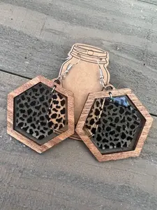 Cow Print Hexagon Acrylic Wooden Earrings
