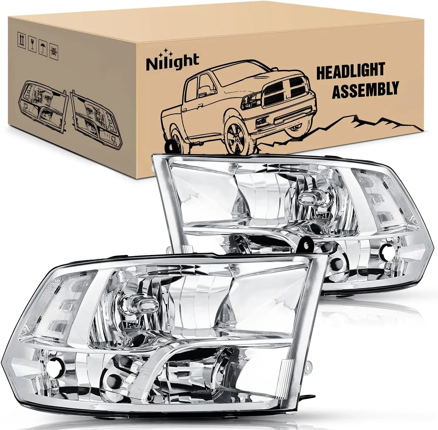 Nilight Waterproof Quad Headlight Assembly Replacement for 2009-2018 Ram 1500,2500,3500 Pickup - Chrome Housing, Clear Corner, Clear Lens (Exclusive to Quad Models), Waterproof Headlight