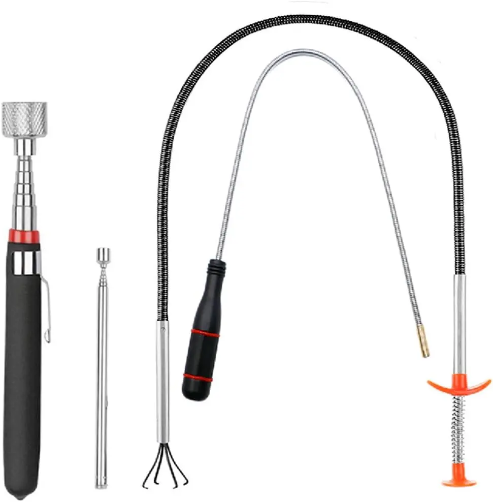 4 Pack Telescoping Magnet Pick-up Tool Set - Retrieving Pickup Tools，Extendable Pick Up Tools，Bendable Spring Magnet Stick，Flexible Extra Long Reach Bendable Curve Grabber with 4 Claws