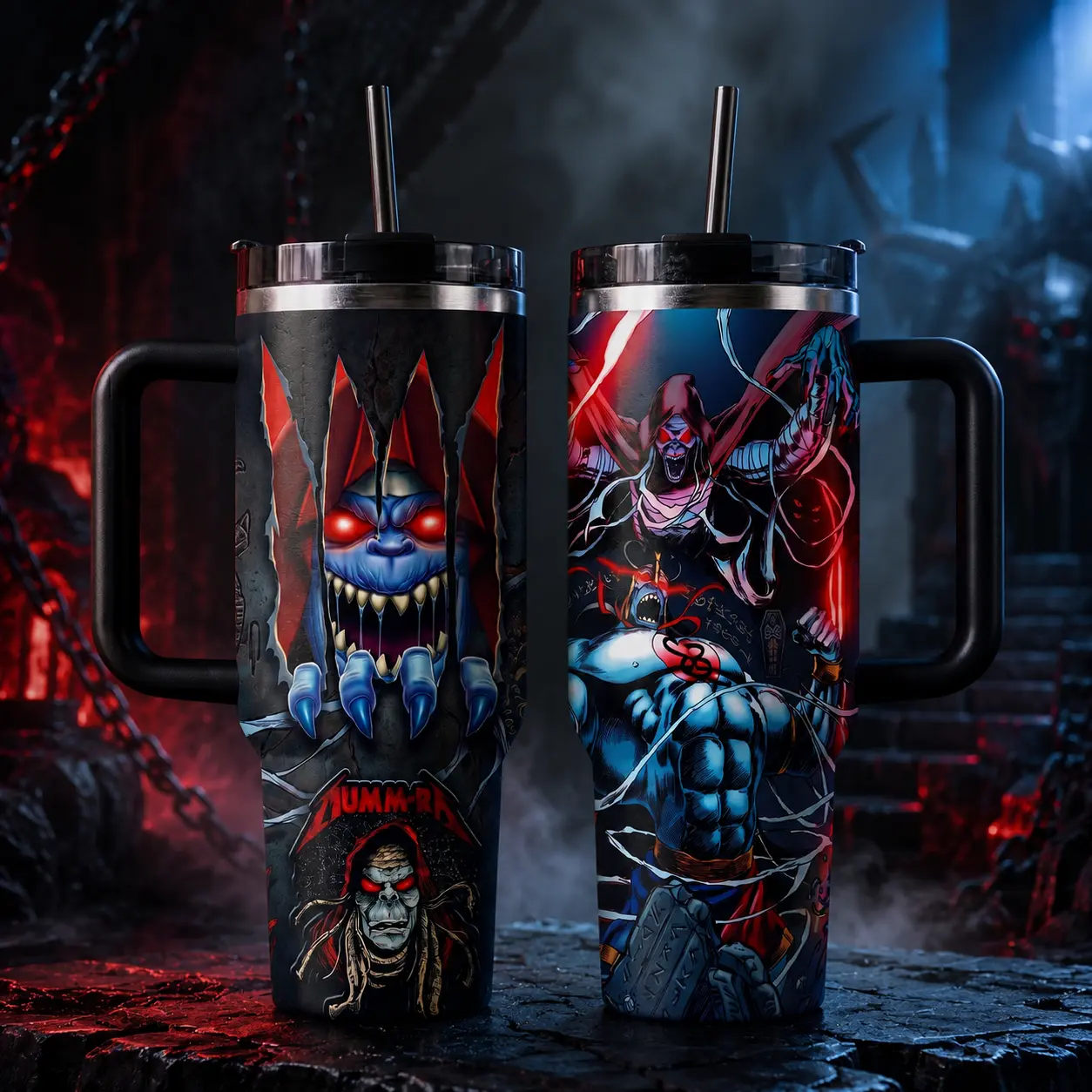 Retro Thunder Cats 40oz Travel Mug With Handle, Red Black Warrior Cat Design Stainless Steel Insulated Tumbler Cup With Straw