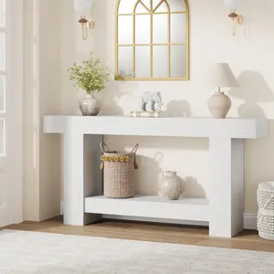 Gaomon 1-PB-Frame Antique White Wood Entryway Table, 160cm Rustic Hallway Table with Grain Texture for Storage Organization