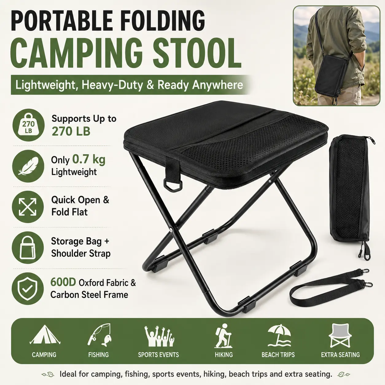12" Portable Folding Stool – Collapsible Backpack Chair for Adults | 300lbs Cap, 1.65lbs Ultralight, Hands-Free Sling, Storage Pouch – Your Rest Stop for Camping, Fishing, Hiking, Travel, and Everyday Moments