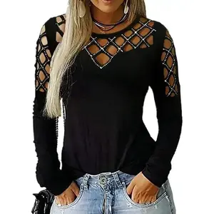 Long Sleeve Shirts for Women Crewneck Sexy Rhinestone Cut Out Tops Sparkle Blouse daily wear Womenswear Knot Casual(Sheet)