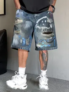 Men's American High Street Fashion Streetwear Trendy Five-Quarter Pants, Blue Paint Print Loose Straight Leg Denim Jeans Shorts, Unique Personality Style