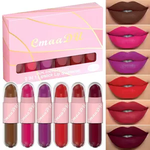 2 In 1 Matte Lipstick & Liquid Lipstick 6Pcs Set for Women, Lipstick Pink and Red Dark Ruby Rose red Hot pink Purple Brown Long Wear Pink lipstick Waterproof 24 Hour Lipstick Lip Gloss Stain 2
