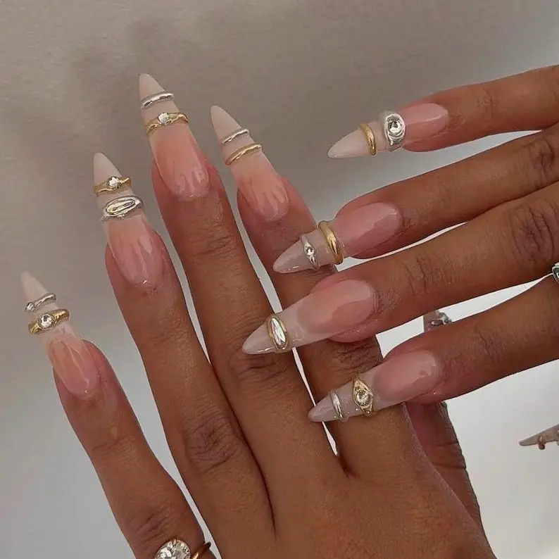 Nude French Drip Press On Nails | Gold & Silver Chrome Ring Charms | Minimalist Luxury Almond Handmade Gel Nail Set