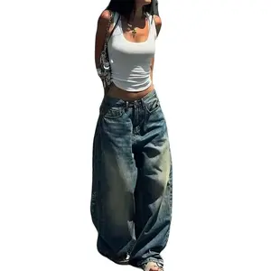 Vintage blue-washed straight-leg women’s jeans, American design, loose casual wide-leg dragging long denim pants, streetwear basic minimalist