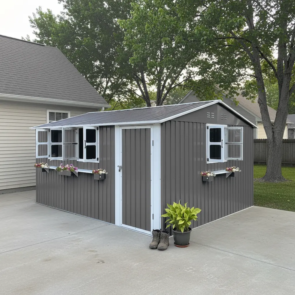 12x10 FT Outdoor Heavy-Duty Metal Storage Shed, Gray Garden Building with 3 Clear Windows, Decorative Flower Rack, Lockable Door Latch, Waterproof, Windproof, Easy to Clean, Assembly Required for Backyard Patio
