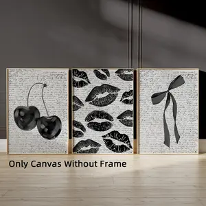 3Pcs/Set Unframed Black White Retro Cherry Canvas Poster, Coquette Bow Wall Art, Preppy Decor, Lips Kiss Prints, Vintage Letters Print, Artwork Wall Painting For Gift, Dark Aesthetic, Wall Decor For Home & Dorm Decoration
