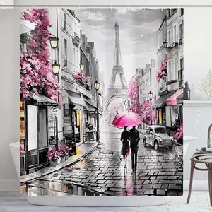 Lvetong Vintage Paris Shower Curtain Eiffel Tower French Cityscape Shower Curtains for Bathroom Decor Set, Waterproof Fabric with Hooks (72''W x 72''L)