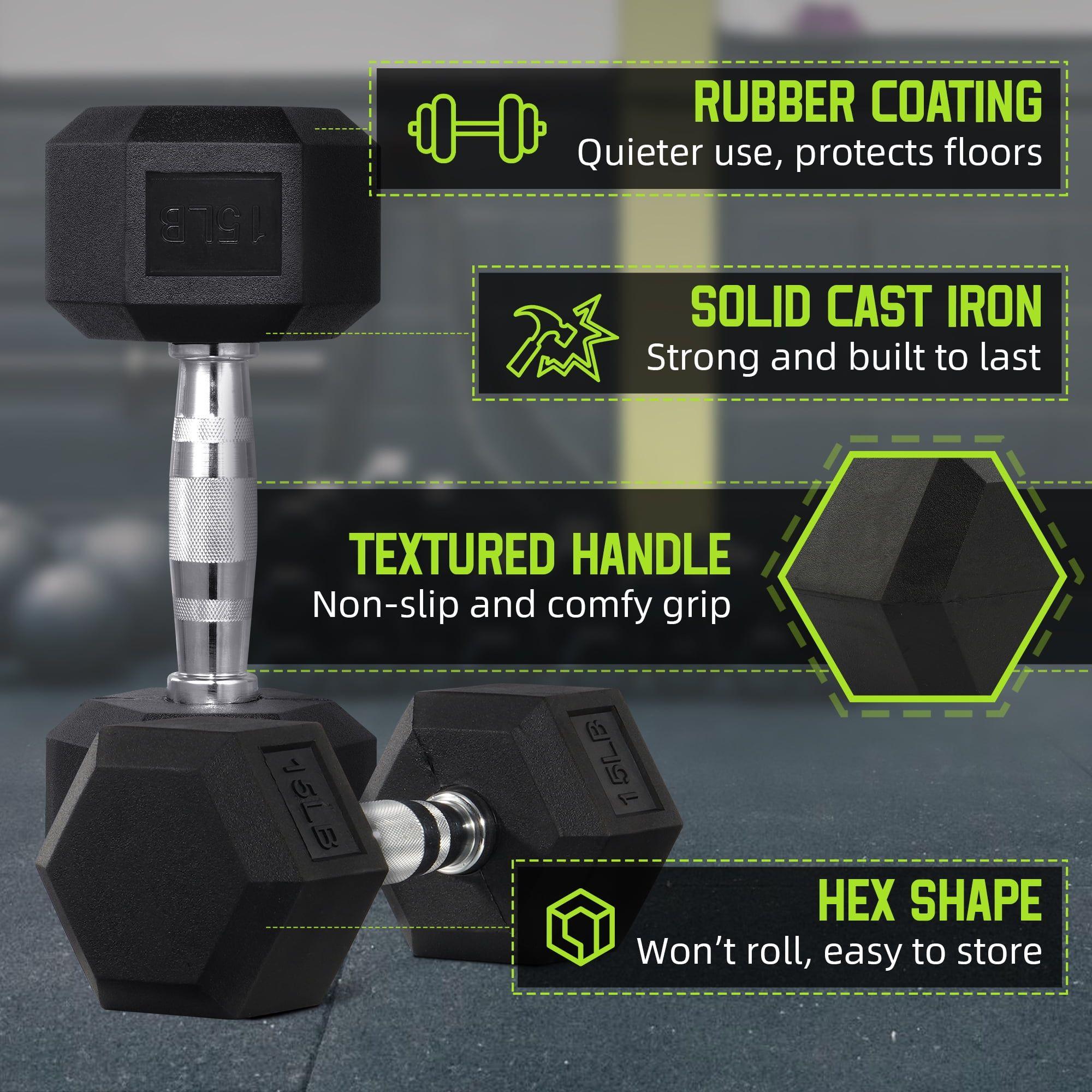 Rubber Encased Hex Dumbbells, 15 lbs Pair, Black
