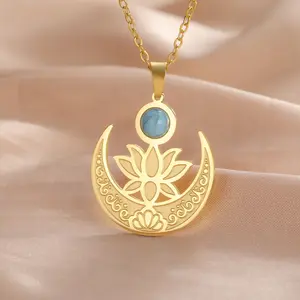 Teamer Buddhist Lotus Flower Necklace Crescent Moon Turquoise Stainless Steel Necklace for Women Girls Vintage Amulet Jewelry
