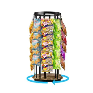 Wooden Rotating Snack Rack Display Stand, 5 Tiers 40 Adjustable Clips Snack Organizer for Office Desk, 360° Rotating Wooden Base Chip Holder Candy Display for Concession Stand, Countertop, Party Movable
