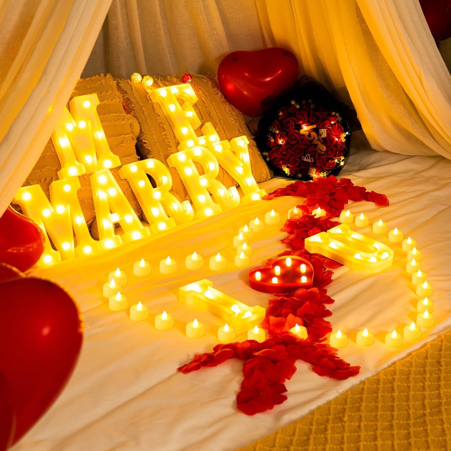 【Mother's Day 】I Love U Light Up Letters Proposal Decorations, I Love U Sign with 24Pcs Flameless Candles 1000Pcs Red Fake Rose Petals 30Pcs Red Balloons for Valentine's Day Wedding Proposal Romantic Night
