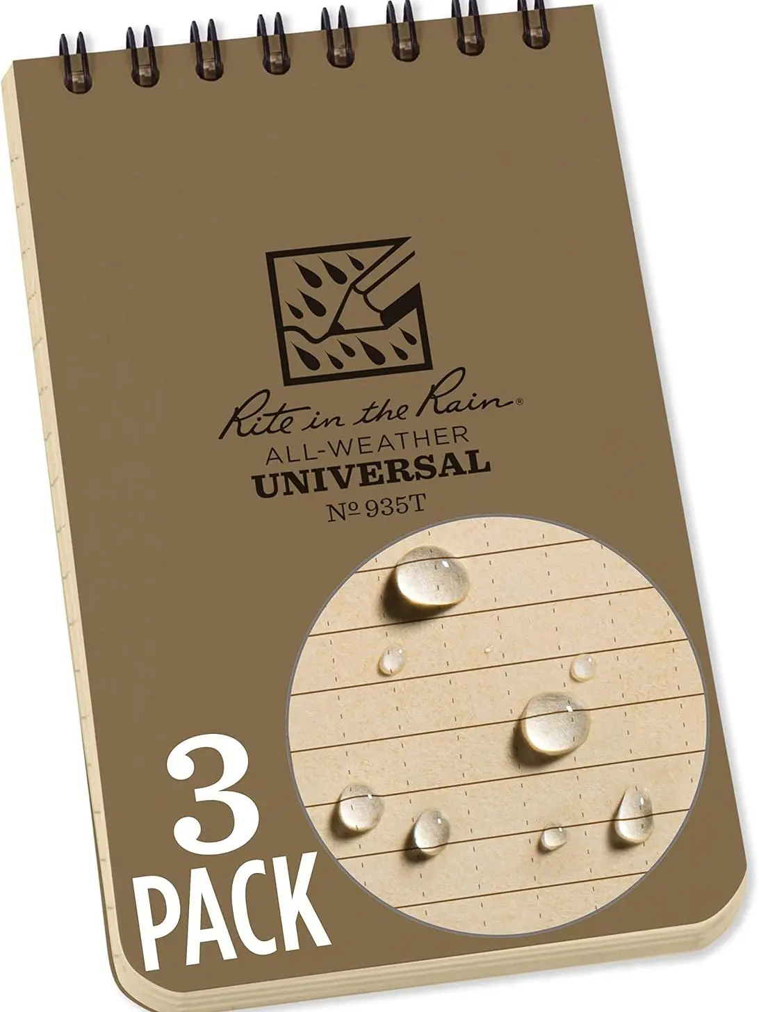 Rite in the Rain Weatherproof Top Spiral Notebooks, 3" x 5", Tan Cover, 3 Pack (No. 935T-3X)