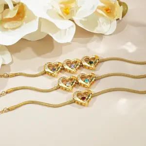 AS615 Personalized Engraving Name Peach Heart Birthstone Necklace Custom DIY Snake Bone Bracelet Holiday Gift Female