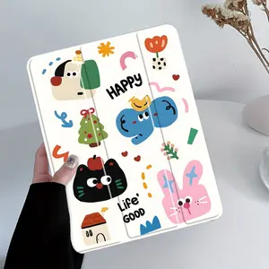 Vintage Whimsical Colorful Doodle iPad Case, Cute Cat & Bunny Print Protective Cover Auto Wake/sleep,Anti-Drop Scratch-Resistant,Transparent Acrylic Back,Fits iPad 7.9/8.3/10.2/10.5/10.9/11/12.9 13 inch,Shock-resistant Full Cover Ideal for Office