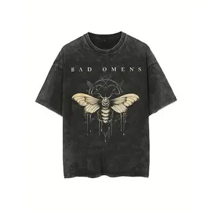 Bad Omens 2024 Tour Vintage Washed 90s Graphic T-Shirt for Men & Women - Oversized Black Band Tee with Moth & Dripping Wax Design Y2K Streetwear 250g washed T-shirt Menswear Top billabong  shirt Casual Unisex，penny tee shirt