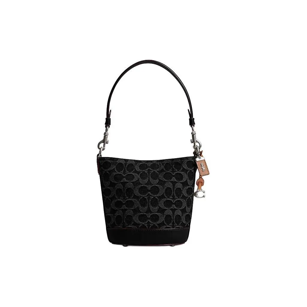 COACH Dakotah 16 Classic Monogram Fabric and Cowhide Bucket Bag for Women, Mini Crossbody Shoulder Handbag in Black