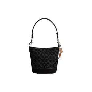 COACH Dakotah 16 Classic Monogram Fabric and Cowhide Bucket Bag for Women, Mini Crossbody Shoulder Handbag in Black
