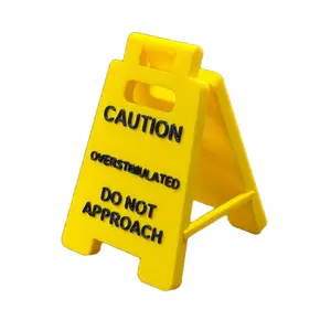 Caution Overstimulated Desk Sign 3D Printed Funny Gag Gift for Office Desktop Prank Cute Yellow Warning Sign Plastic Material Decor Plaque