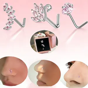 3PCS 20G 7mm L-Shaped Dangling Nose Rings Unique Design Zircon Series Stainless Steel Nose Studs for Girl Pink Red Diamond Nose Stud