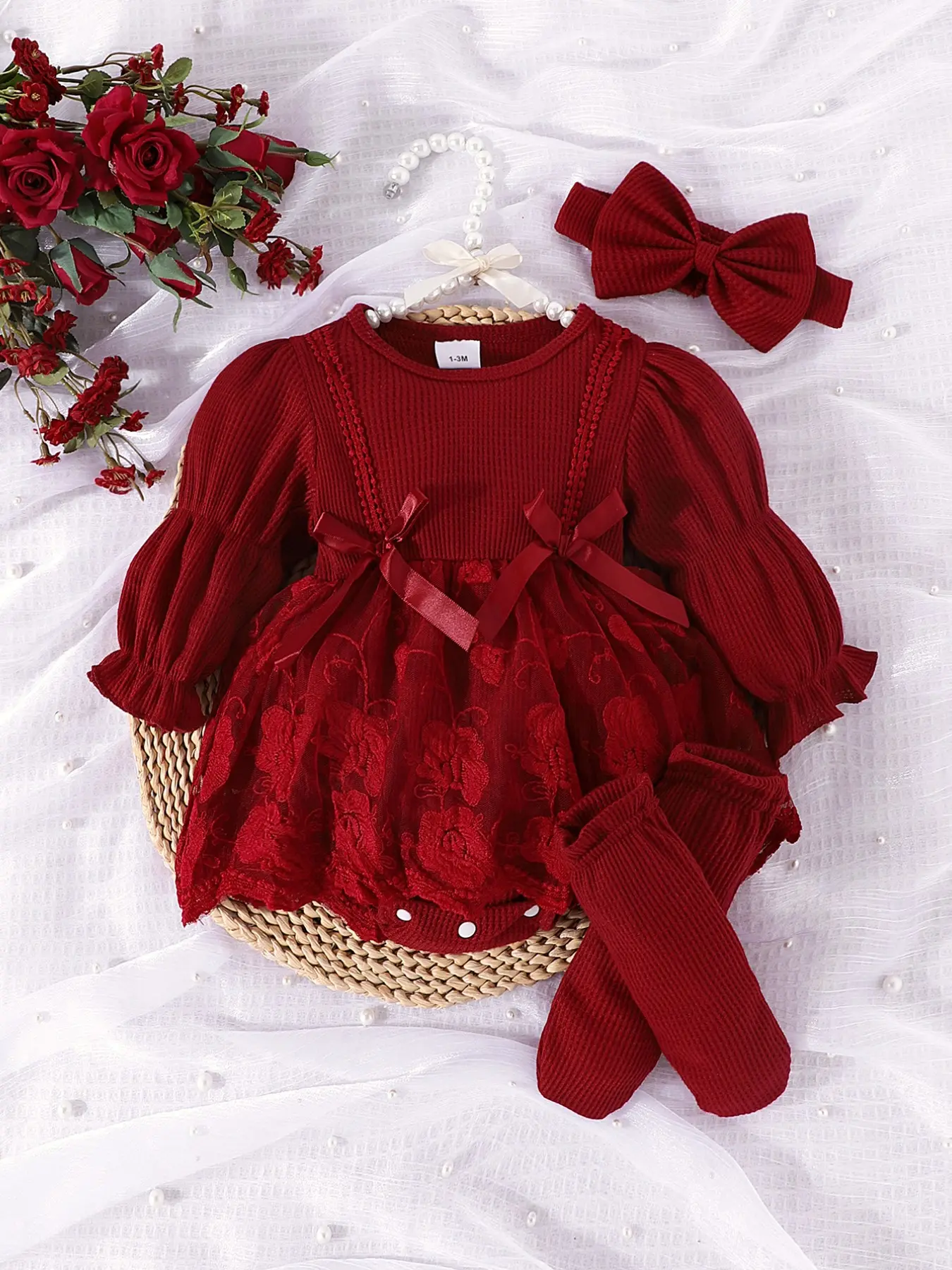 Cute Princess Baby Girl 3-Piece Outfit Set, 1-18 Months Long Sleeve Waffle Knit Lace Romper with Bow Headband & Socks, Multiple Colors for Baby Shower, Birthday Party & Photoshoot