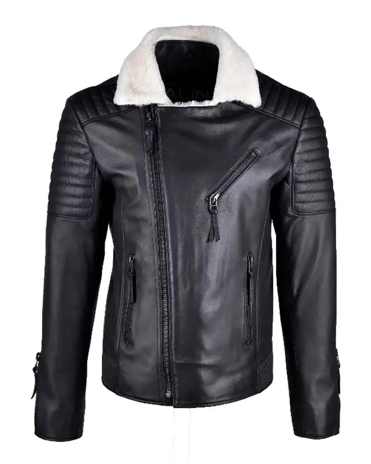 MotorCycleJackets Mens Shearling Black Jacket With White Fur