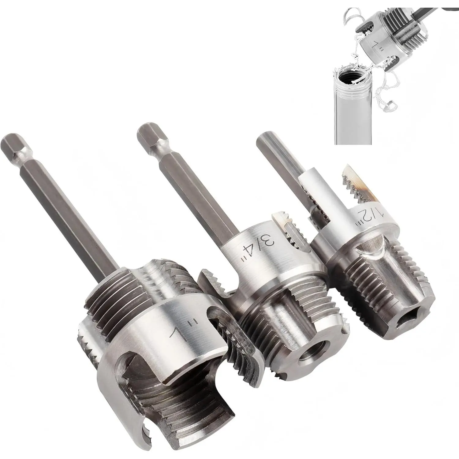 3 Pcs  Integrated Internal & External Pipe Threading Tool, Dual-Function Pipe Thread Cutting Tool for 1/2" & 3/4"& 1" PVC/Plastic Pipes, Electric Drill Compatible Pipe Threader Kit