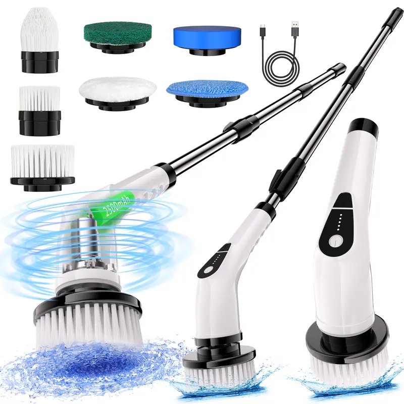 Rechargeable Electric Spin Scrubber - 5-Section LED Power Display, 2-Speed Adjustable Wireless Cleaning Brush, 7 Replaceable Brush Heads, Detachable and Adjustable-Length Cleaning Supplies, Bathroom Gadgets for Households Tiles, Bathtubs, Sinks