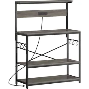 Bakers Rack with Power Outlets, Microwave Stand, 39.4 X 14.3 Inch Larger Desktop, Kitchen Storage Rack with Adjustable Middle Shelf, 6 S-Shaped Hooks, Coffee Bar Stand, Grey