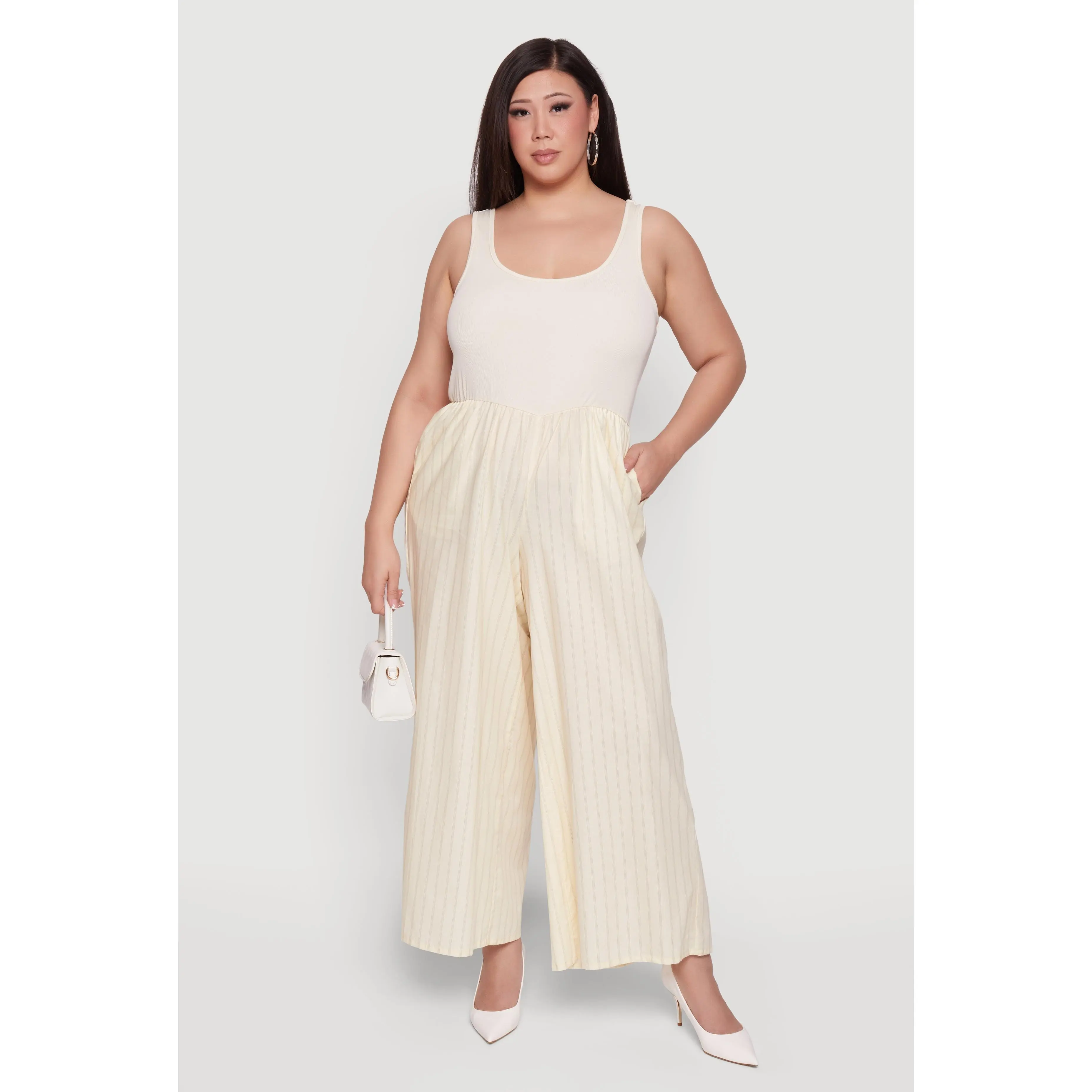 Plus Size Sleeveless Striped Ribbed Knit Jumpsuit