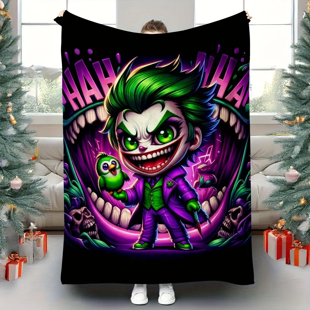 Glam Flannel Blanket - Cartoon Clown & Green Birds Pattern, Wrinkle Resistant, Breathable, High-Quality, Multiple Sizes, Ideal for Sofas, Travel, Gift-Giving, All-Season Use
