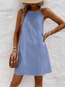 Vintage Yacht Vibe Navy Floral Halter Beach Cover-Up Dress Minimalist High-End Navy Print Halter Coastal Cover-Up Dress Ins Relaxed Vintage Vibe Navy Floral Halter Vacation Cover-Up Swimwear Coverups Swimsuit Cover Ups