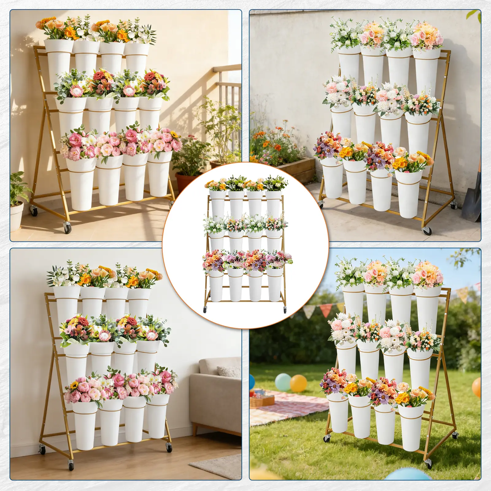 Garvee 3-Tier Heavy Duty Metal Flower Cart on Lockable Wheels | Plant Display Rack with 12 Detachable Buckets, Perfect for Indoor & Outdoor Spaces – Garden, Patio, Shop, Wedding, Café