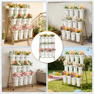 Garvee 3-Tier Heavy Duty Metal Flower Cart on Lockable Wheels | Plant Display Rack with 12 Detachable Buckets, Perfect for Indoor & Outdoor Spaces – Garden, Patio, Shop, Wedding, Café