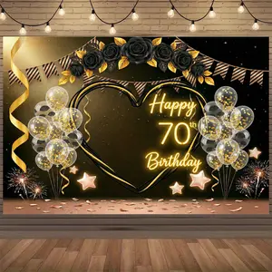 70th Happy Birthday Luxurious Golden Black Decor Polyester Backdrop, for Party Decor Farm, Garden, Home, Room, Club, No Electricity, This Is a Wonderful Gift for Valentine's Day, Birthday and Eid Al-Fitr
