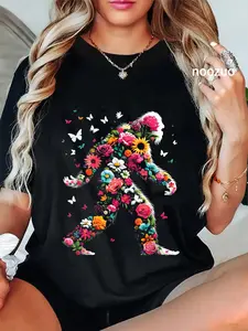 100% Cotton Unisex Floral Bigfoot - Vintage Colorful Flowers Sasquatch Lover T-Shirt Casual Top