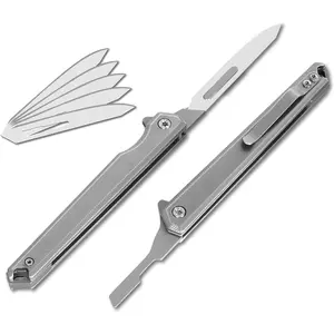 Folding Scalpel Knife with 5pcs # 60 Scalpels Replaceable Blades, Surgical Knife with Clip, EDC Pocket Knife for Men, Everyday Carry, Box Cutter, Razor Utility, Cool Knives, Gift for Men Women