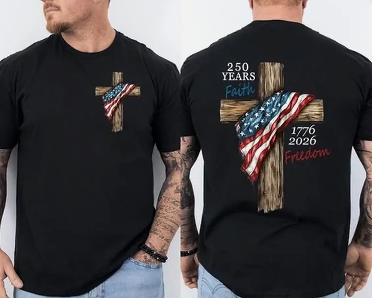 Patriotic Graphic T-Shirt, Unisex Oversized Round Neck Shortsleeve Top with Textured American Flag Cross Print, Thick Soft Cotton, Breathable, Loose, Casual, Tee, Tshirt, Breathable Fabric, Pure Cotton, Unisex Fit