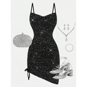 Teen Girls Black Knit Metallic Foil Spaghetti Strap Waist Ruched Snug Fit Mini Party Dress